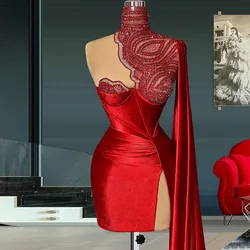 Sexy Women Cocktail Gowns Red Party Beading Girls Prom Dresses 2023 High Neckline Birthday Dress One Shoulder Long Train