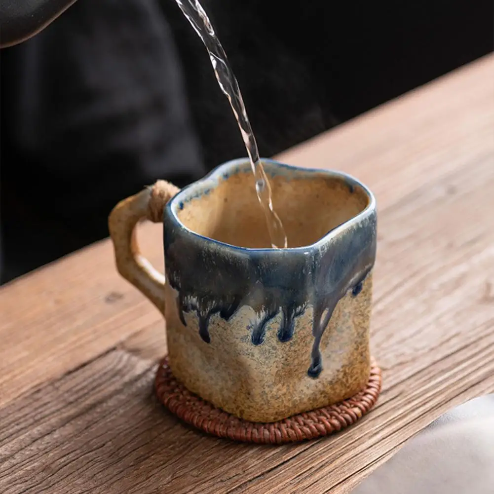 Unique Rattan Handle Mug Glaze Color Gradient Mug Handmade Ceramic Mug 320ml with Rattan Handle Vintage Spiral Design Coffee Cup