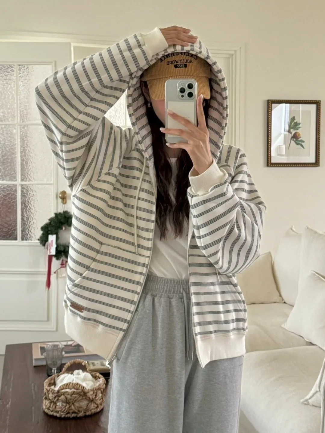 

Retro American Striped Hoodie Jaet Women's Chic Loose Lazy Sle Zipper Open Cardigan Top Faionable Spring Autumn Wear