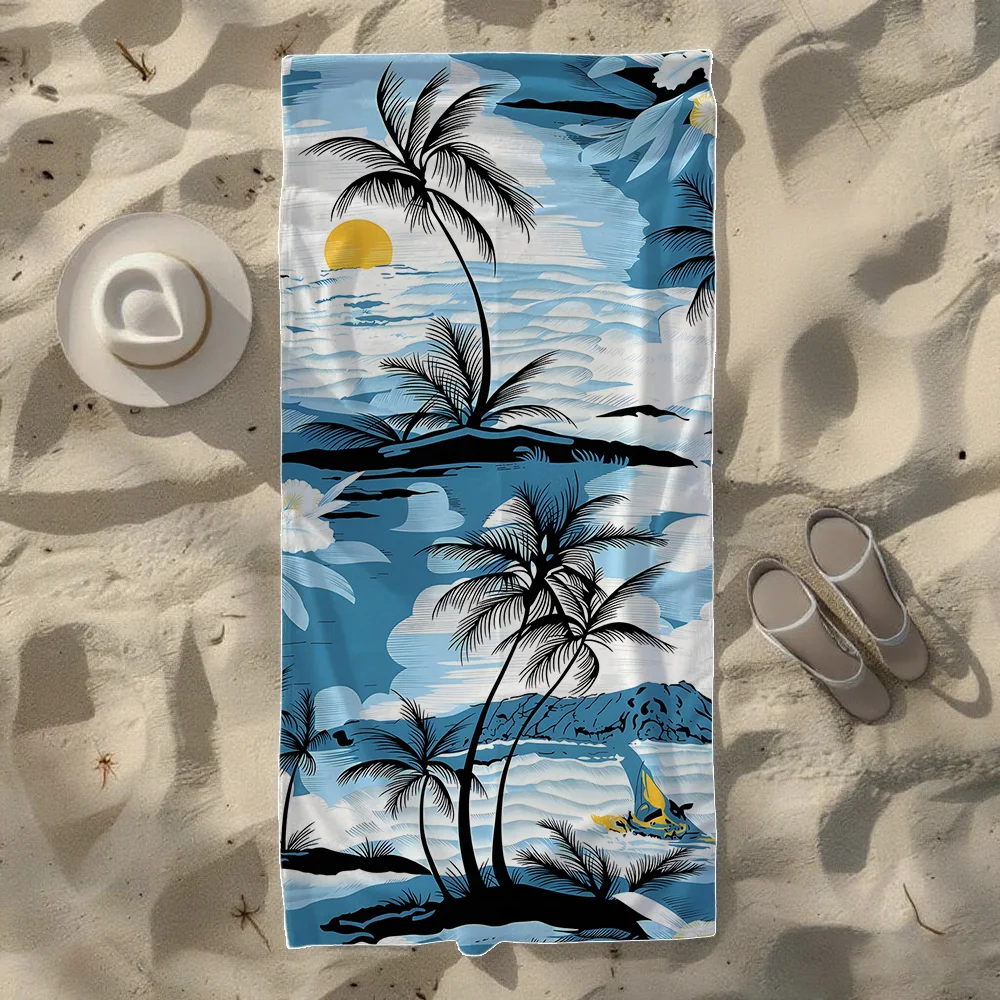 Tropical Palm Tree & Beach Scene Beach Towel, Soft Durable Quick-Drying, Ideal For Summer Beach, Swimming & Camping