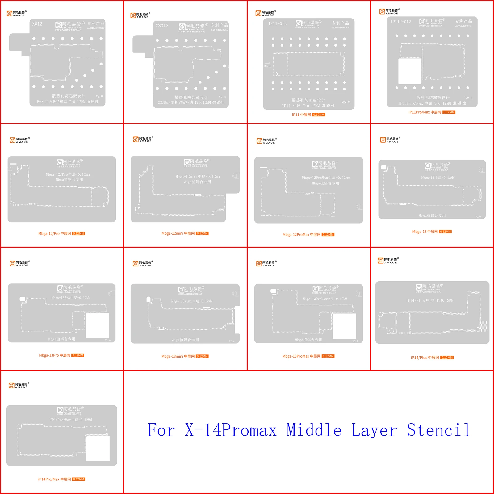 

Amaoe Middle Layer BGA Planting Reballing Stencil For iPhone 12 13 14 Pro Max Mini Plus X XS 12Pro 13Pro 14Plus 14Pro 12Mini