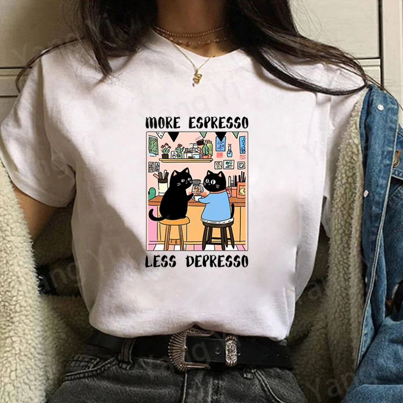 

Fashion More ESPRESSO and LESS DEPRESSO English Print T-shirt Men Women T Shirt Soft Print Top Unisex Tee Two Cats Print Shirt