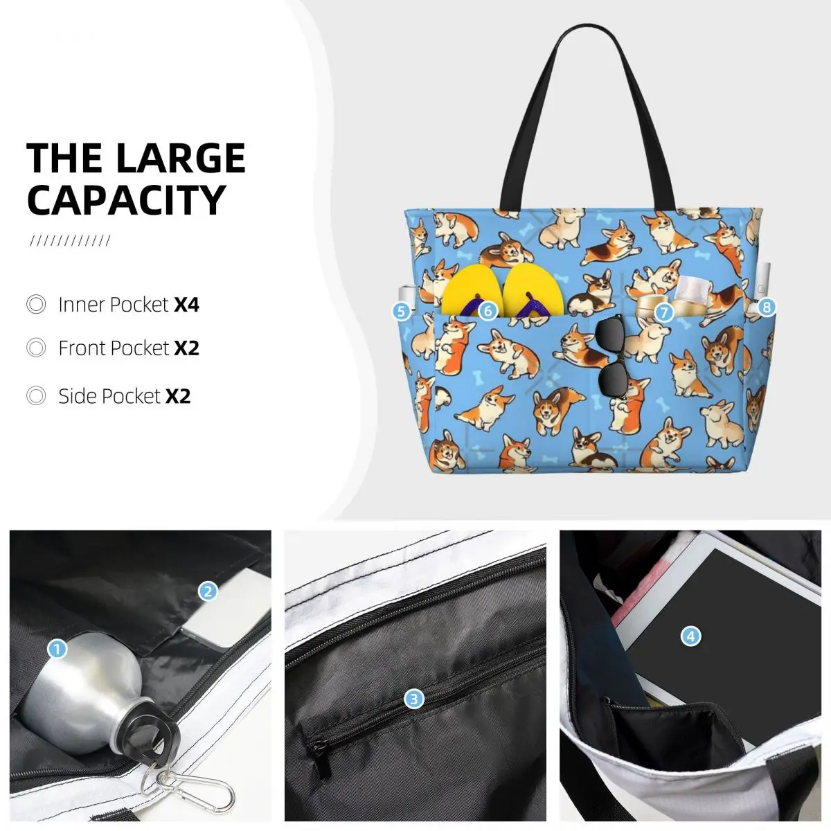 Jolly Corgis In borsa da viaggio da spiaggia blu, borsa a tracolla alla moda di grande capacità con motivo Multi-stile