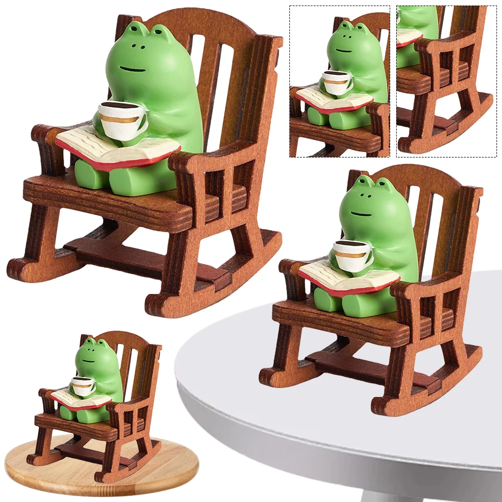 Handmade DIY Micro Rocking Chair Miniatures Figurines Frog Rocking Chair Design with Book Coffee Home Office Decor Car Ornament