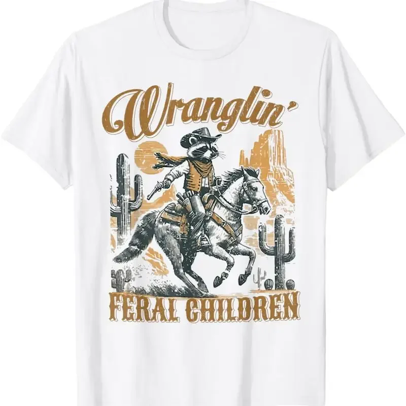 Wrangling Feral Children Funny Meme Racoon Cowboy Retro T Shirt