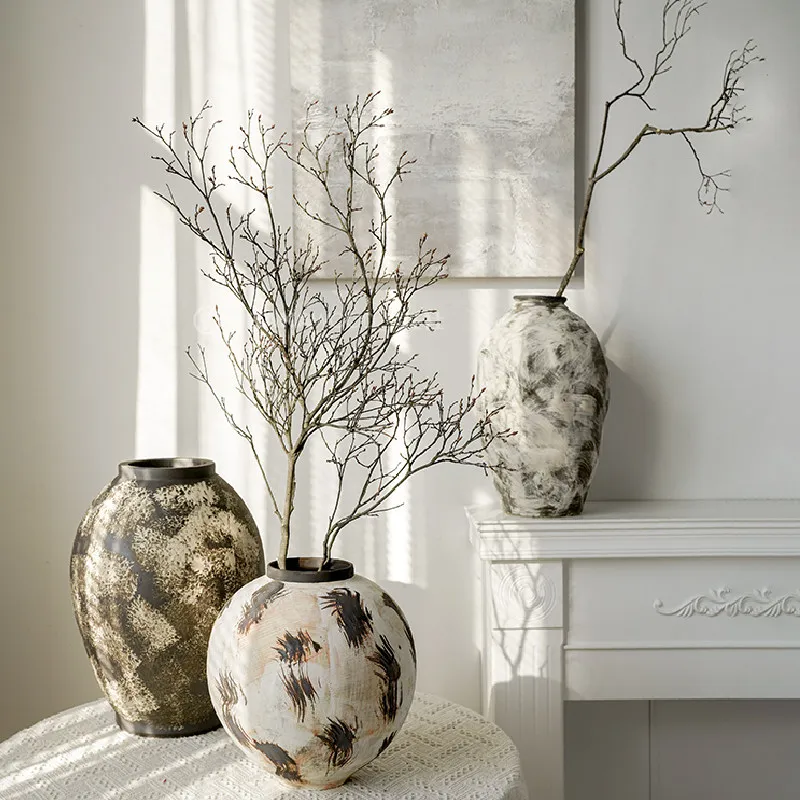 Retro wabi-sabi wind vase ceramic flower arrangement ornament model room living room entrance decoration