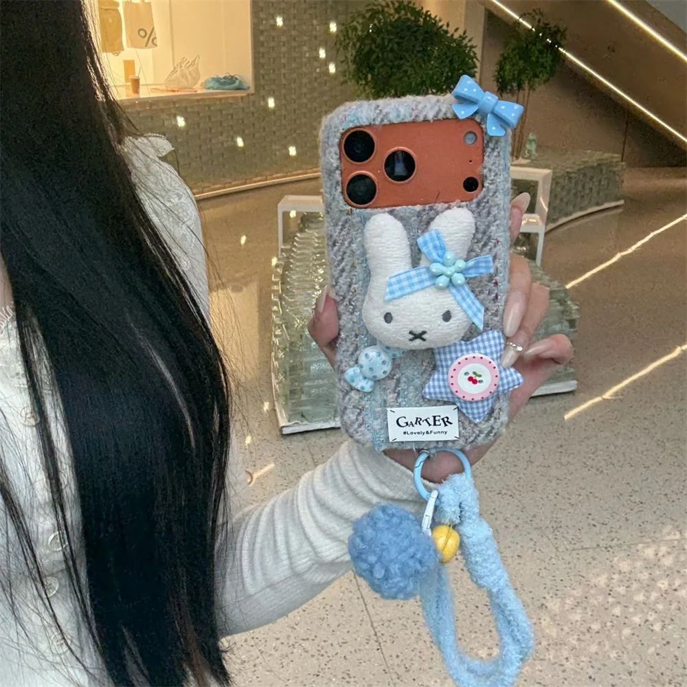 شتاء دافئ أفخم الأرنب الكرتون قضية الهاتف آيفون 16 برو ماكس 17 14 15 برو غطاء فروي الغطاء الواقي للفتيات Funda كابا