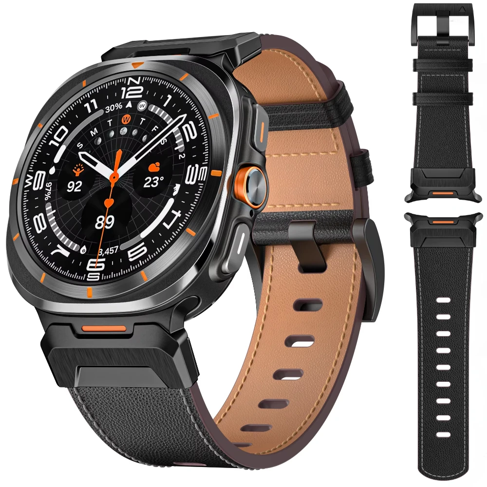 

Mecha Strap For Samsung Galaxy Watch Ultra 47mm Leather+Stainless Steel Metal interface Bracelet Galaxy Watch 7 Ultra Wristband