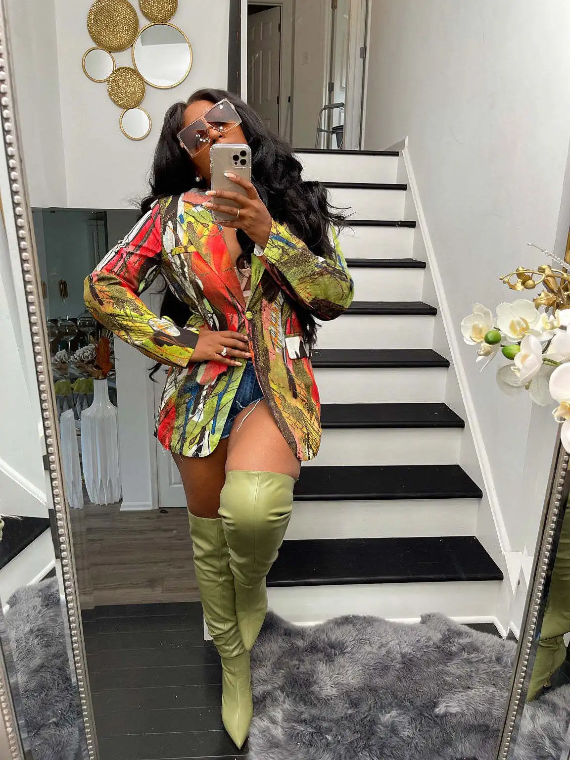 Women Print Blazer Coat Casual Button Turn Down Collar Coats Full Sleeved Tight Waist Streetwear Jackets Spring Summer