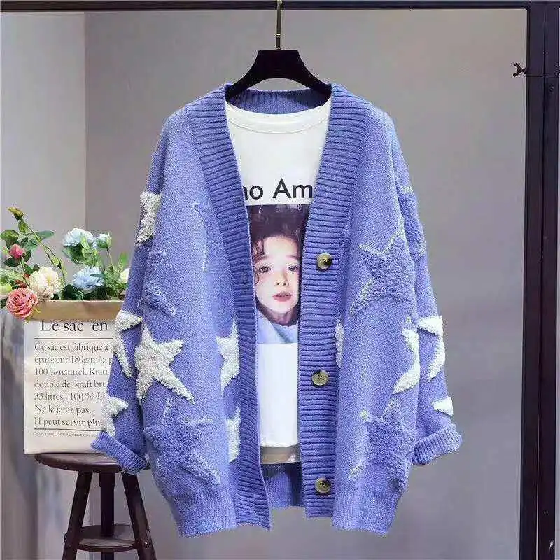2023 Autumn/Winter New Loose Korean Star Jacquard Color Block Long Sleeve Knitted Cardigan Sweater