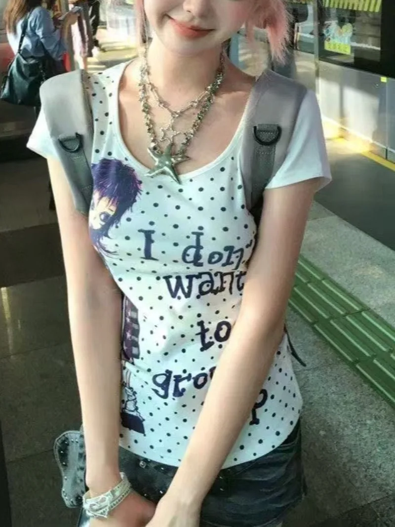 Japanese Y2k Tops Summer Kawaii Harajuku Style Retro Dots Funny Graphic Print T-Shirt Cute Gyaru Slim Fit Cool Tees 2025 New In