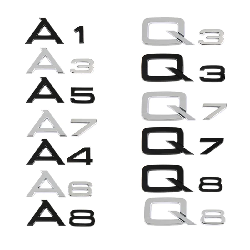 3D Letters Numbers Emblem for Audi A3 A4 A5 A6 A7 A8 Q2 Q3 Q5 Q7 Car Trunk Lid Nameplate Badge Logo Sticker Chrome Glossy Black