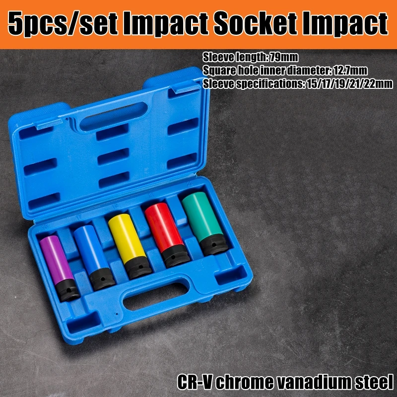 1/2" Drive Lug Nut Socket Set Drive Wheel Socket Auto Repair Protector Impact Sleeve Set 15mm, 17mm, 19mm, 21mm en 22mm - afbeelding 1