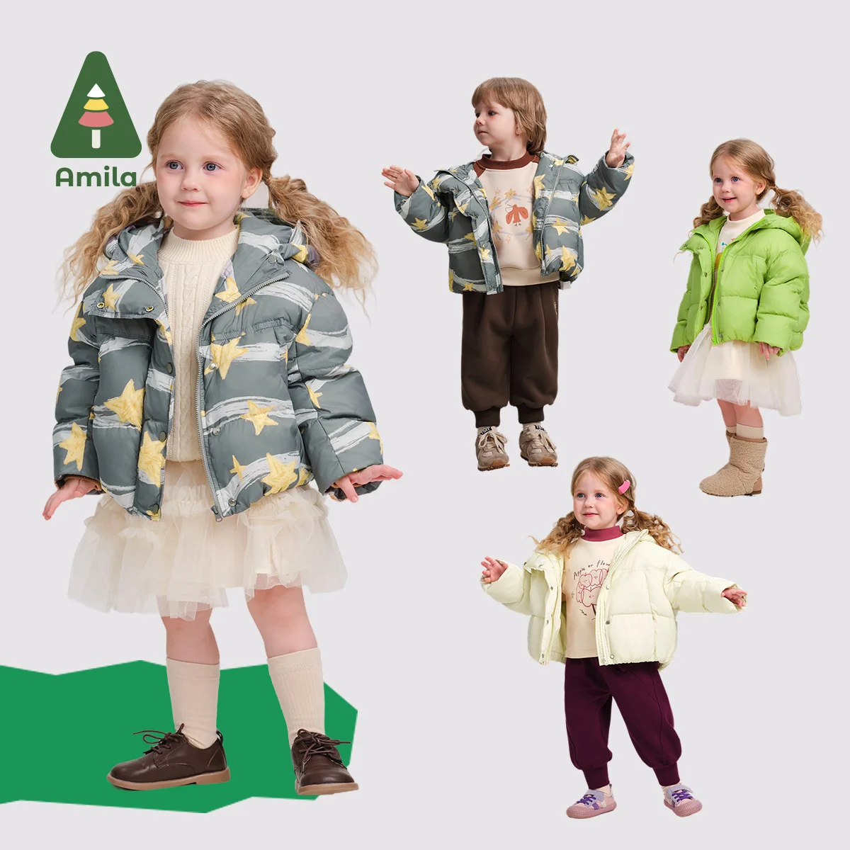 Amila Baby Down Jacket 2024 Winter New Style Girls Solid Color Warm Soft White Duck Down Soft Loose Casual Children\'s Jacket