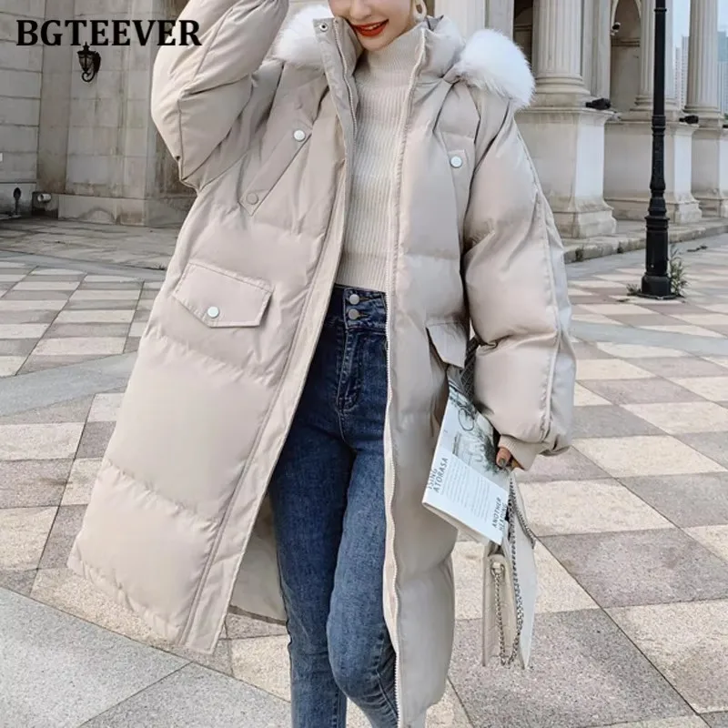 

BGTEEVER Winter Loose Zippers Female Overcoats Stylish Thicken Warm Hooded Cotton Padded Parkas Women