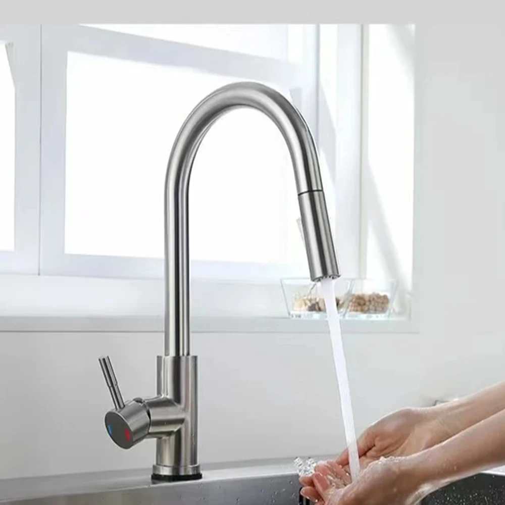 Black Kitchen Faucet Flexible Pull Out 2 Modes Nozzle Hot Cold Water Mixer Tap Deck Mounted Sprayer and Stream SUS 304 Faucets