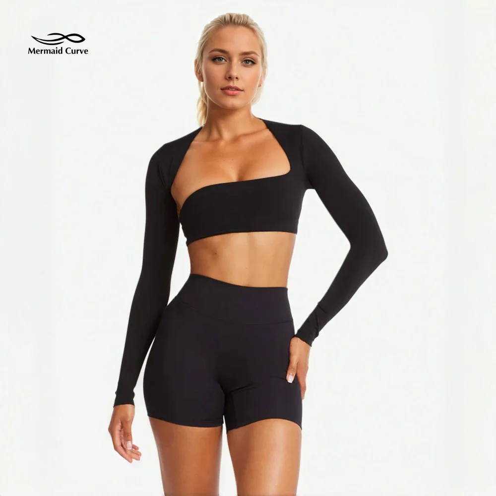 تتلاشى تحديد طويلة الأكمام المحاصيل الياقة غير النظامية في وسادة الصدر المرأة تجريب الزي اليوغا تي شيرت اللياقة البدنية الصالة الرياضية الملابس #1