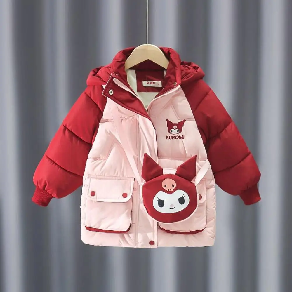 Anime Sanrio Kuromi Girls Plus Velvet Padded Jacket Medium Length Quilted Jacket Kids Cartoon Warm Coat Winter Child Clothing