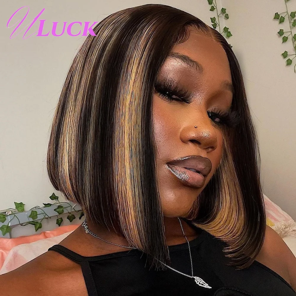 Uluck Highlight 4/27 Farbe Doppelt Gezogen Kurze Gerade Bob Perücke Remy Echthaar Perücke 300 % Dichte Vorgezupft 2x6 Spitze Frontal Perücken