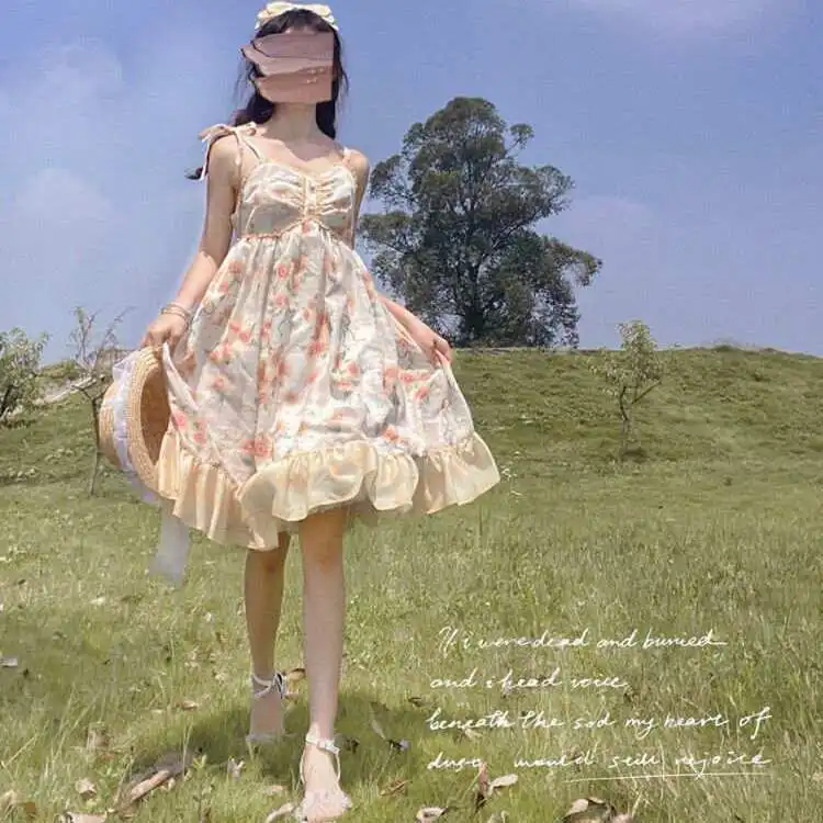 Japan Lolita JSK Summer Daily Sunflower Story  Sling Dress Daily Fresh Lolita Dress Fantastic Cute Girl Fresh Holiday Style