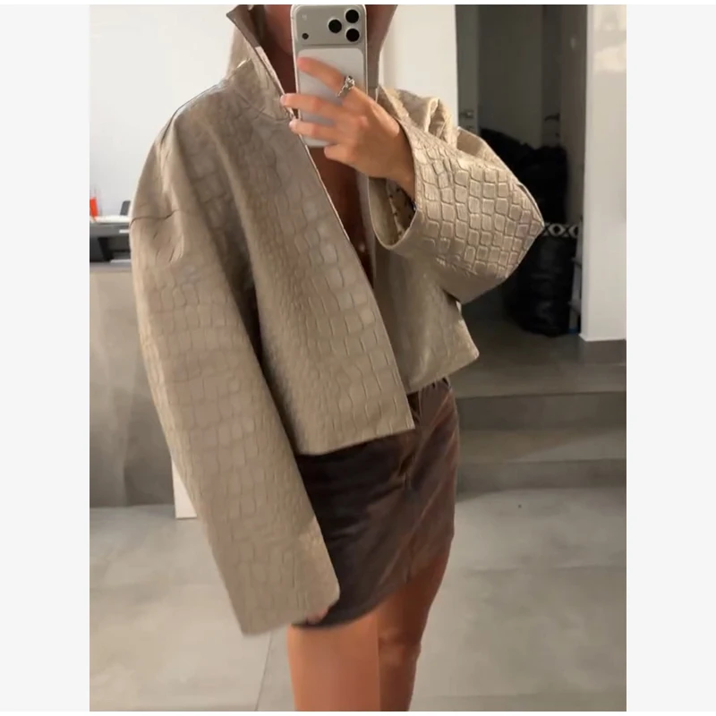 Crocodile Embossed Faux Leather Long Jackets Chic Wide Lapel Belted Waist Quarter Sleeve Loose Coat Women Street Chic Outfits