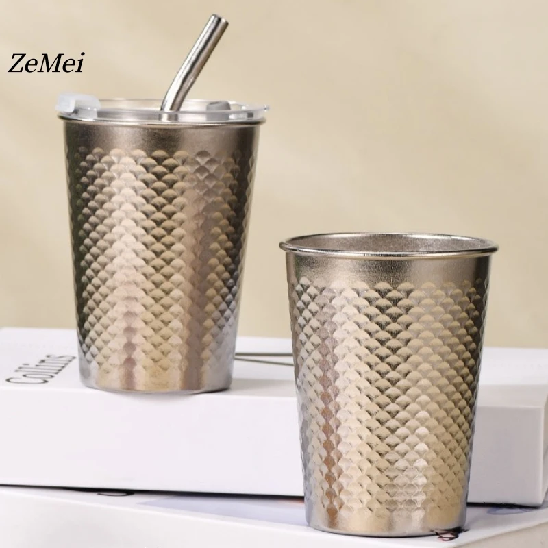 Pure Titanium Silver-Gray Coffee Cup,Dragon Scale Texture 350ml Cold Drink Beer Mug,Portable Outdoor Camping Travel Titanium Mug