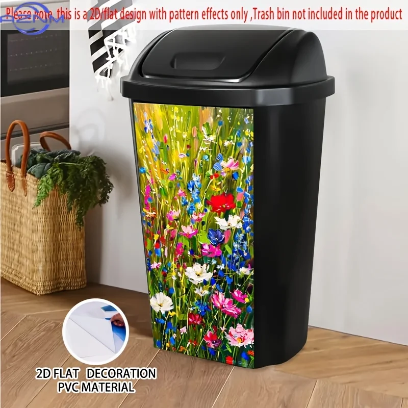 Painted Multicolored Flower Field Self-Adhesive Dustbin Sticker, Durable PVC Decorative Sticker, Wheelie Bin Sticker,  Suitabl