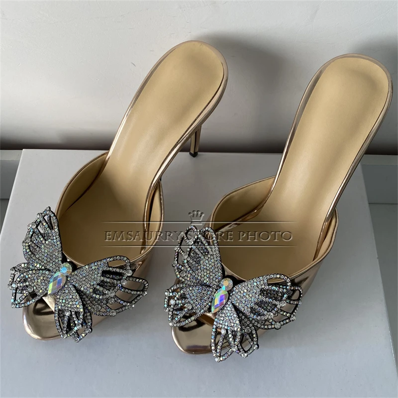 Jeweled Vivid Butterfly-Flower Decor Sandals Women 10cm Stiletto Heel Slingbacks Luxury Patent Leather Summer Shoes