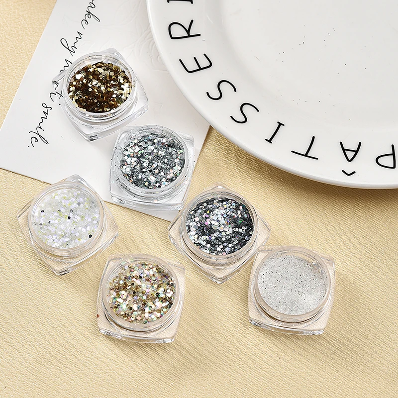 6pcs Nail Polish Glitter Fine Sand Holographic Glitter Powder Black White Reflective Pigment Flakes Powder Manicure Accessories