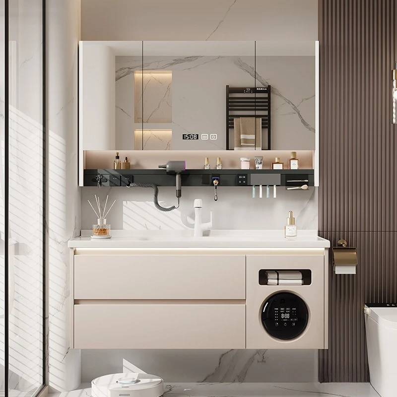 Bathroom cabinet with small washing machine washer-dryer integrated for hand washing, washbasin, and ceramic basin for