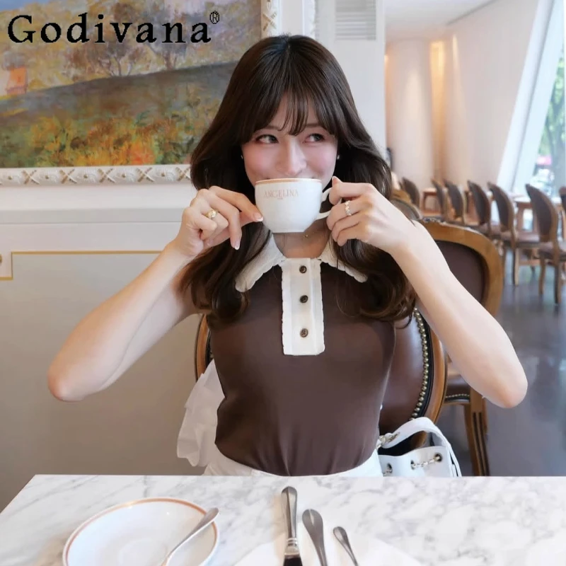

Japanese Style Basic Letter Embroidered Sleeveless Top Summer and Autumn New Women's Sweet Slim Turndown Collar Daily Bodysuit