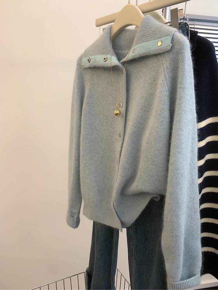 Korean Knitted Cardigan Loose Lapel Lazy Style Thick Sweater Solid Color Single Breasted Female Coat 2024 Autumn New