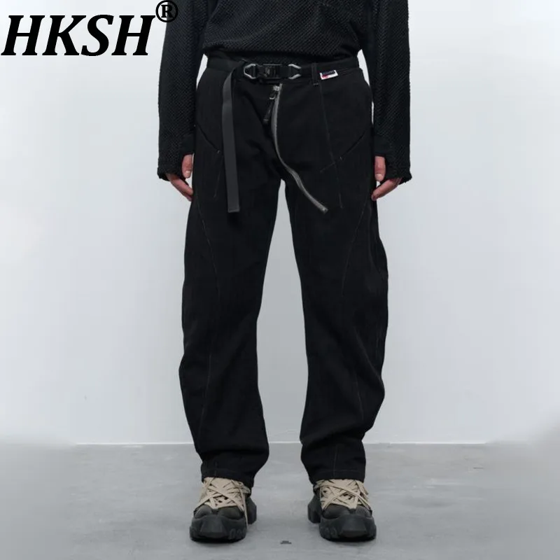 

HKSH Новые мужские брюки в стиле панк на молнии, из смесового хлопка и льна, жаккардовые, длинные, повседневные, темные, шикарные, в стиле Ins Vibe HK19072
