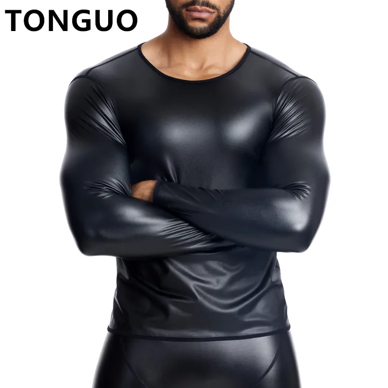 

Men O Collar Long Sleeve Leather TShirt Slim Underwear Body Shapers Waist Trainer Corsets Tummy Shapewear Fitness Leather Shirts