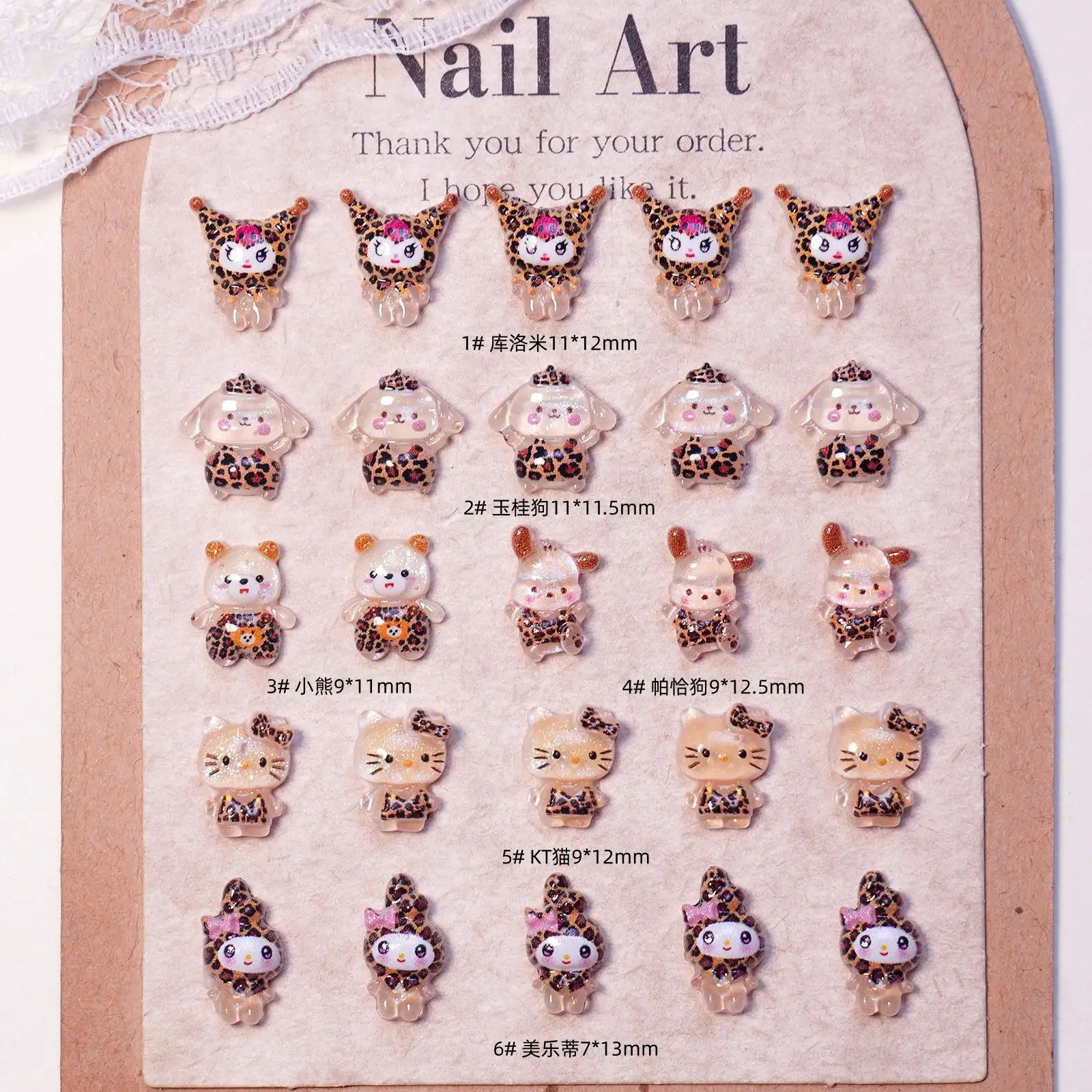 50PCS Mixed Leopard Sanrio Resin Nail Charms 3D Kuromi Cinnamoroll Hello Kitty Nail Decor DIY Manicure Accessories
