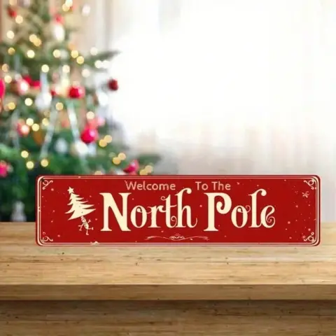 Retro North Pole Welcome Metal Sign 4x16" - Christmas Holiday Decor for Home Porch Cafe Yard Wall