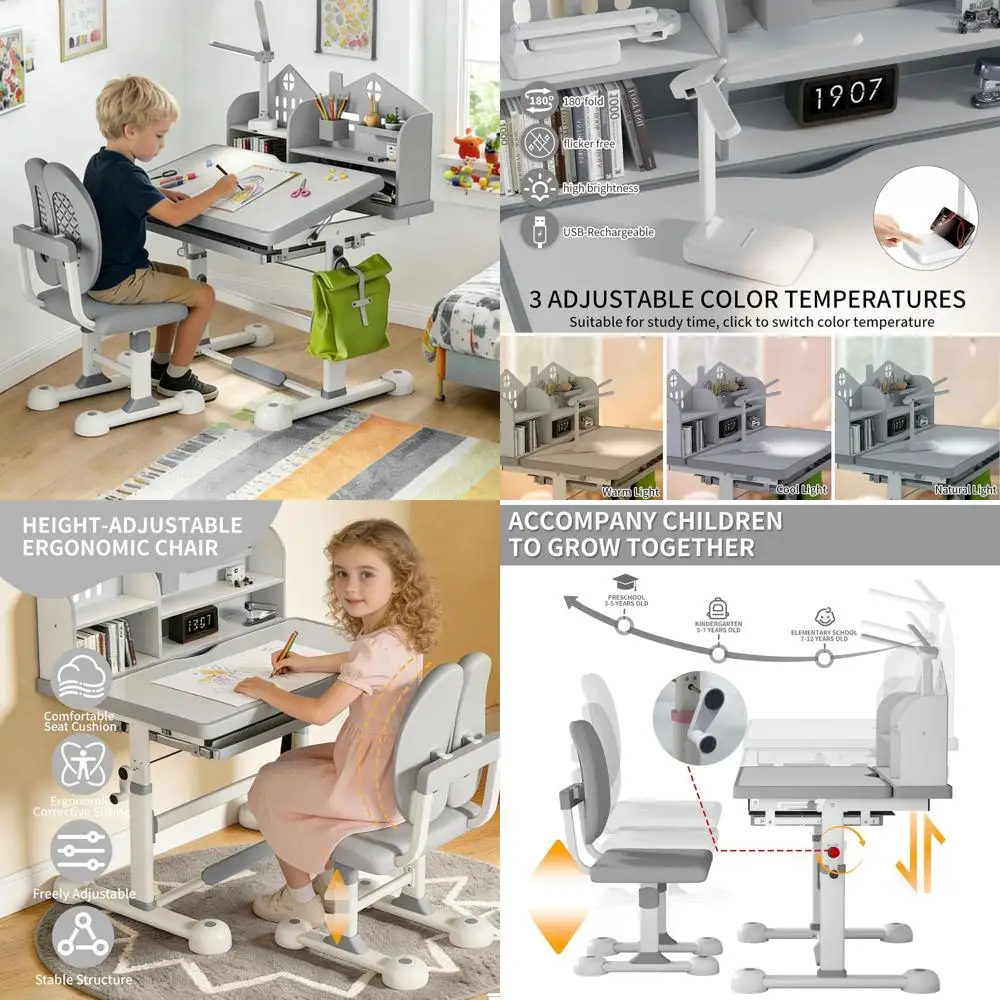 

Height-Adjustable Desk & Chair Set for Ages 3-12, 54° Tilt Writing Desk with LED Light, Storage & Cushion, Suitable for Kids in