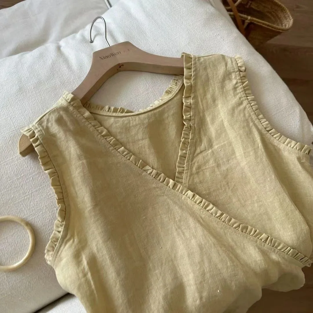 

Korean Style V-Neck Design Wooden Noiseless Sleeveless Shirt Women's Slimming Top Breathable Skin-Friendly Summer New Ar...