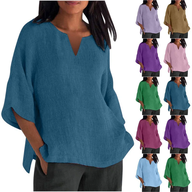 T shirt women 2025 summer new solid color seven-point sleeve cotton V-neck top shirt slit loose women's tshirt JQMY8823