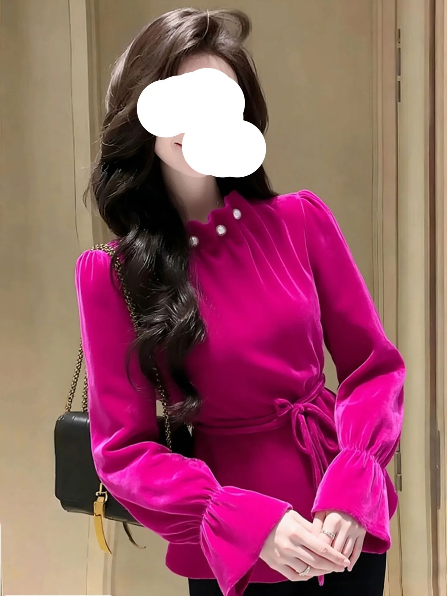 

Velvet Belted Waist T-irt round Ne Heavy Embelliment Design Pure Color Versatile Slimming Women's Faion