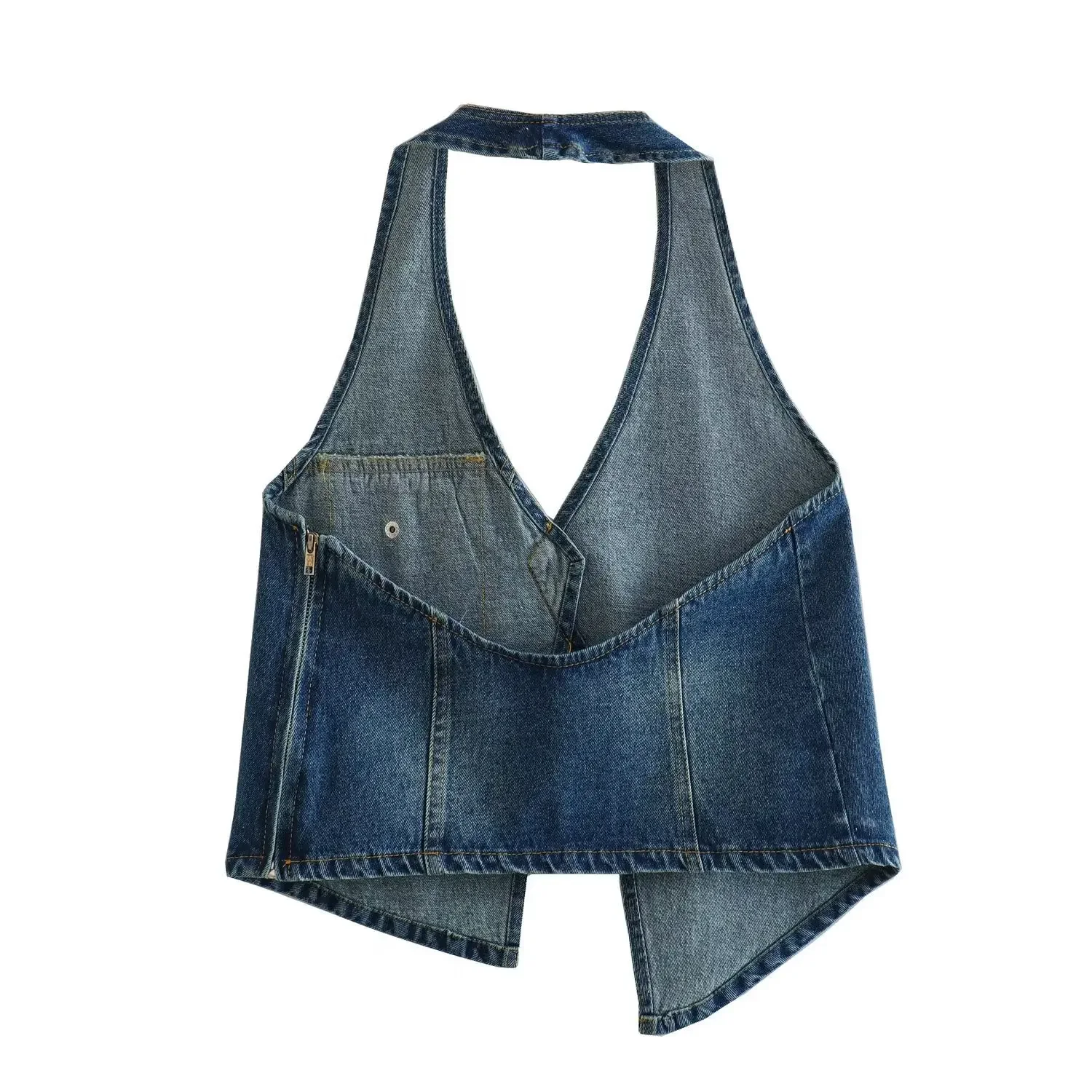 

2024 Summer New Style Hanging Neck Backless V-neck Retro Denim Outfit for Women