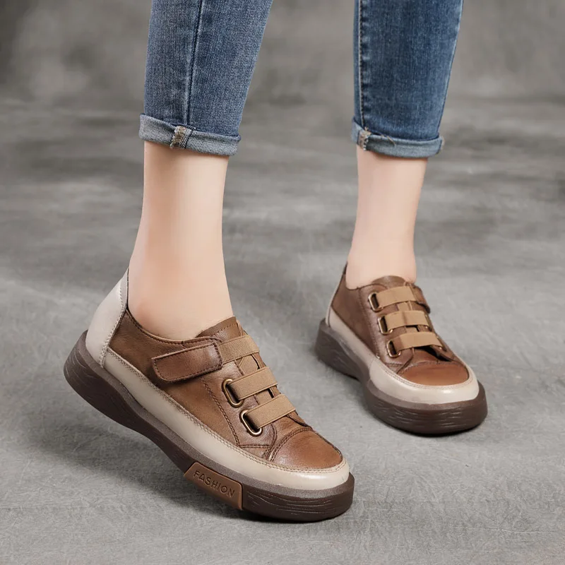 Autumn Sneakers Handmade  inside and outside Thick Bottom Casual Pumps First Layer Cowhide shoes Mid Heel Four Seasons