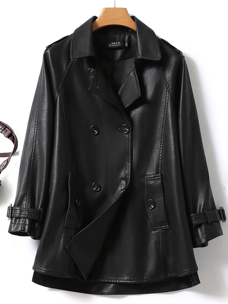 ミディアムからロング丈の女性のルーズフィット 2025 春服新しいウインドブレーカー スタイルのレザー ジャケット気質トレンディなコート