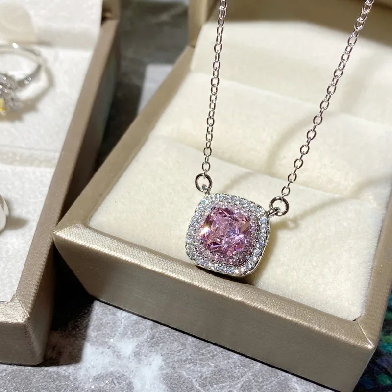 MDL مويسانيتي نمط كلاسيكي الحد الأدنى موضة تحسس مجموعة مطلية بالذهب مربع الوردي زركونيا خاتم وقلادة #2