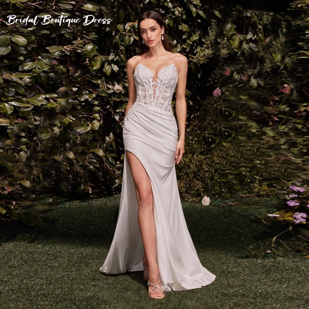 Angepasst Elegante Satin Meerjungfrau Hochzeit Party Kleider für Frauen Sexy Schatz Spitze Appliques Trian Vestidos De