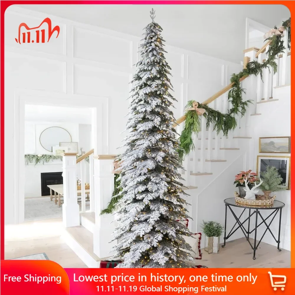 Christmas 15 Foot Pre Installed Snow Covered Pencil Spruce Artificial Christmas Tree with 1400 Warm White Lights Christmas