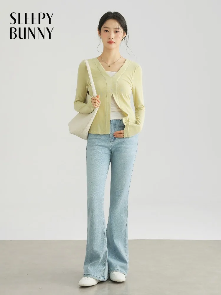 

Women V Neck Long Sleeve T Shirt Fake Two Piece Spring Slim Fit Petite Base Layer Top Soft Stretchy Casual Blouse Lady Fashion