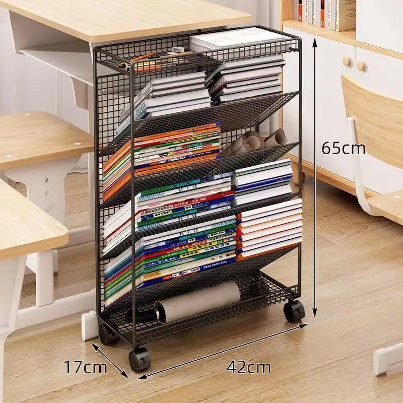 Móvel Standing Floor Storage Rack, estante de livros pequeno, simples com polia, Student Desk Side, estante