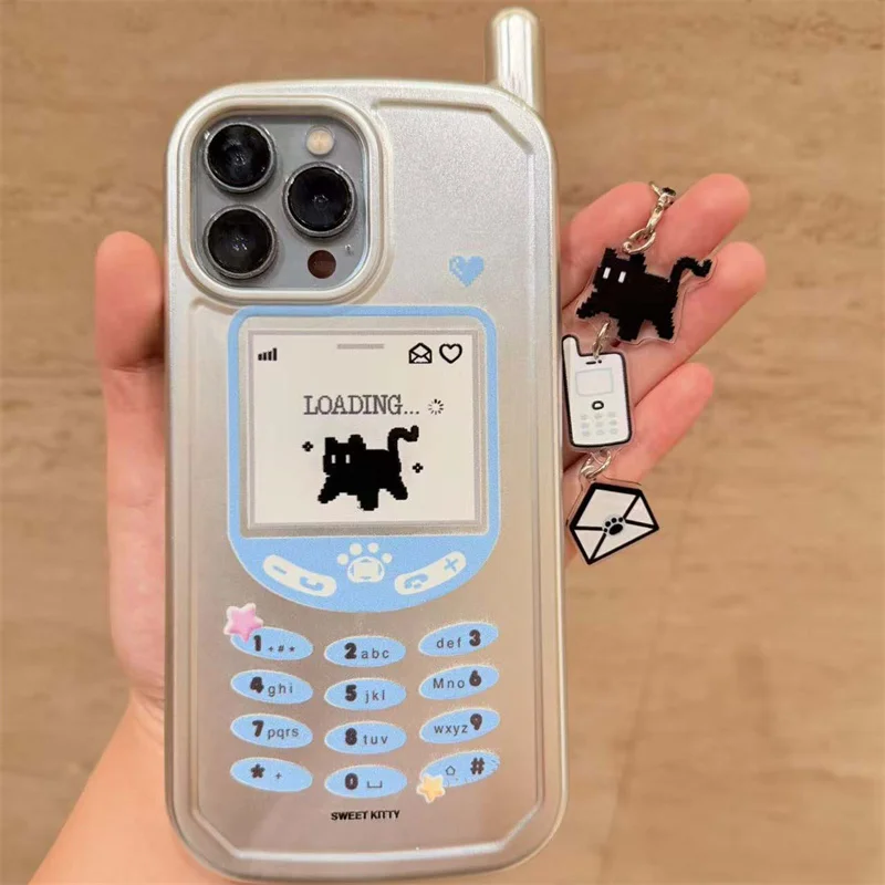 

New creative concept Mobile phone design silver envelope black cat phone case with pendant for iPhone 13 14 15 16 17pro max Girl