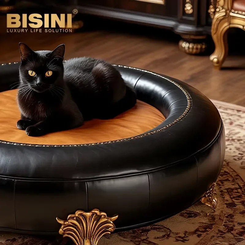 Luxury Round European Pet Niche Indoor Small Dog and Cat Bed French Rococo Solid Wood Carved Cat and Dog Bed